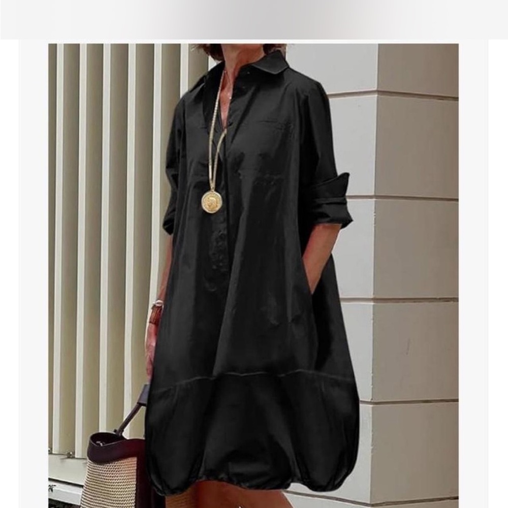 Casual Black Long Sleeve Balloon Hem Shirt Dress - Picture 2 of 6